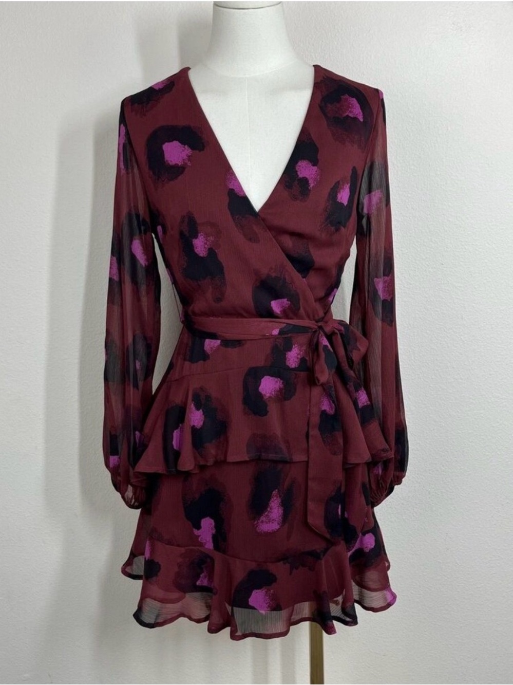 Love Fire Dress Womens Small Red Animal Print Wrap Ruffle Mini Party Cocktail
